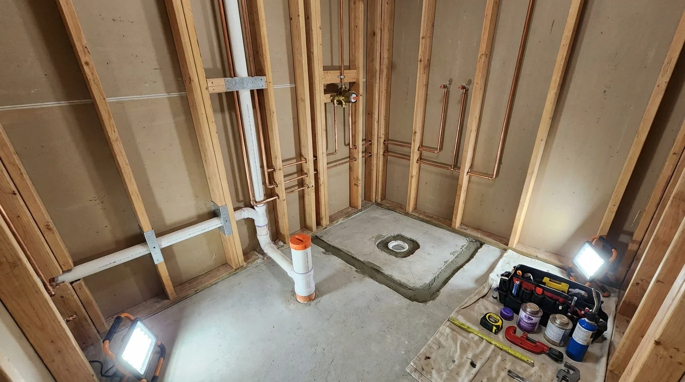 Bathroom rough-in plumbing during remodel by Johns Plumbing LLC in Rankin