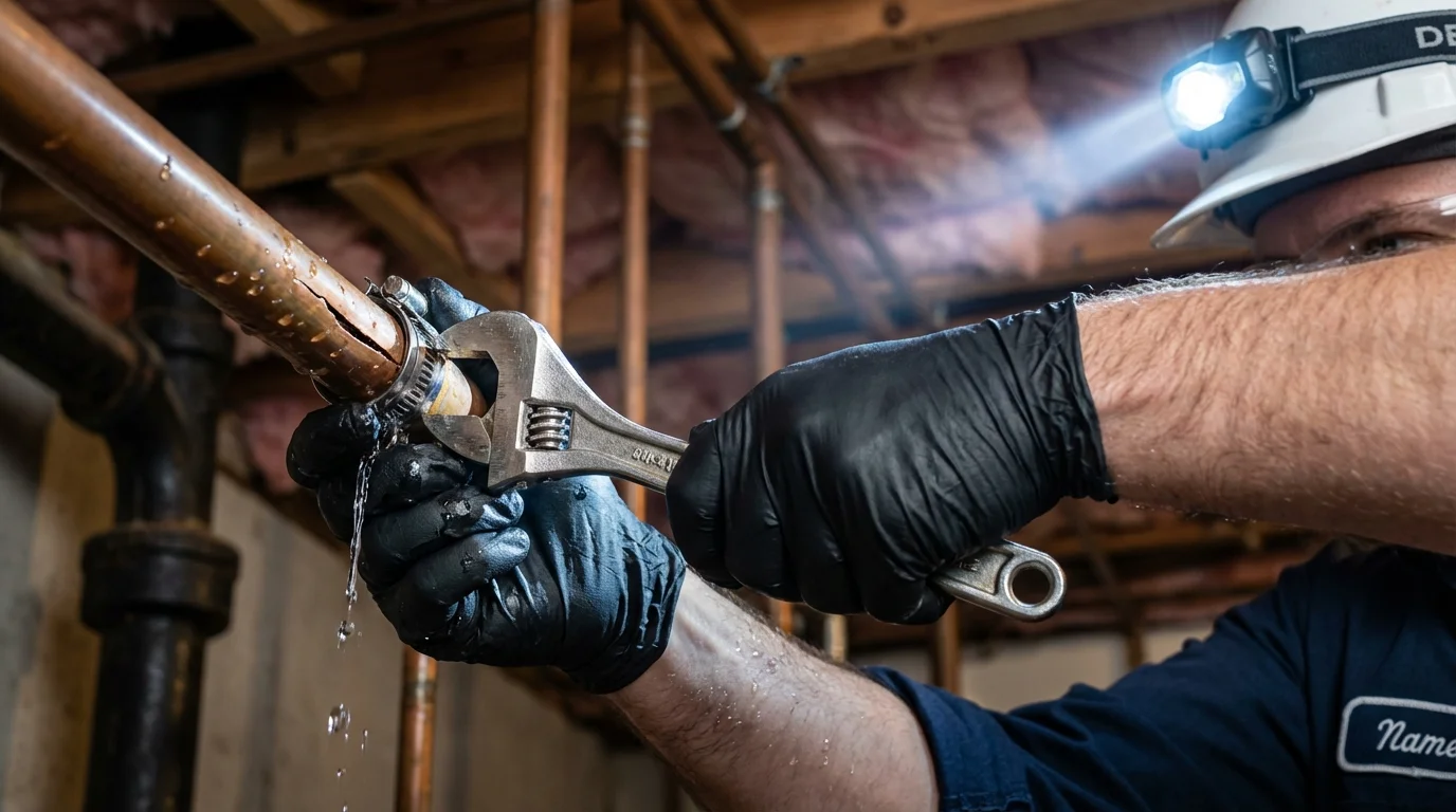Emergency pipe clamp repair being performed by a Johns Plumbing LLC plumber in Rankin