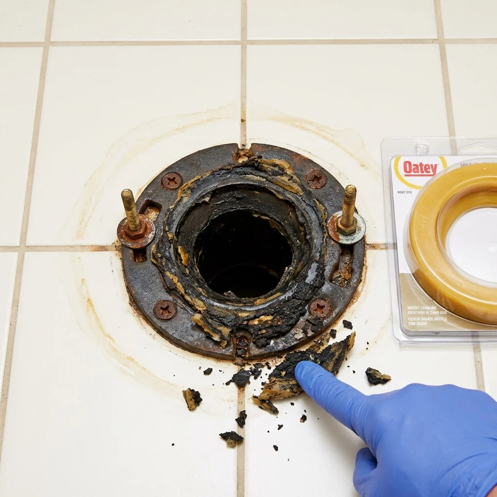 Failed wax ring showing water seepage at the base of a toilet in a Rankin, TX home