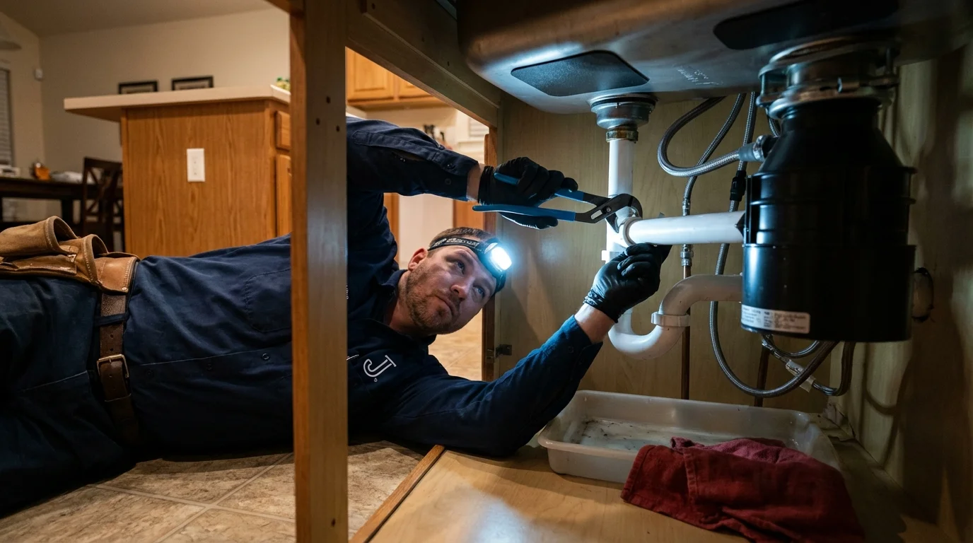 P-trap and supply line connections under a kitchen sink showing a common leak point in Rankin, TX